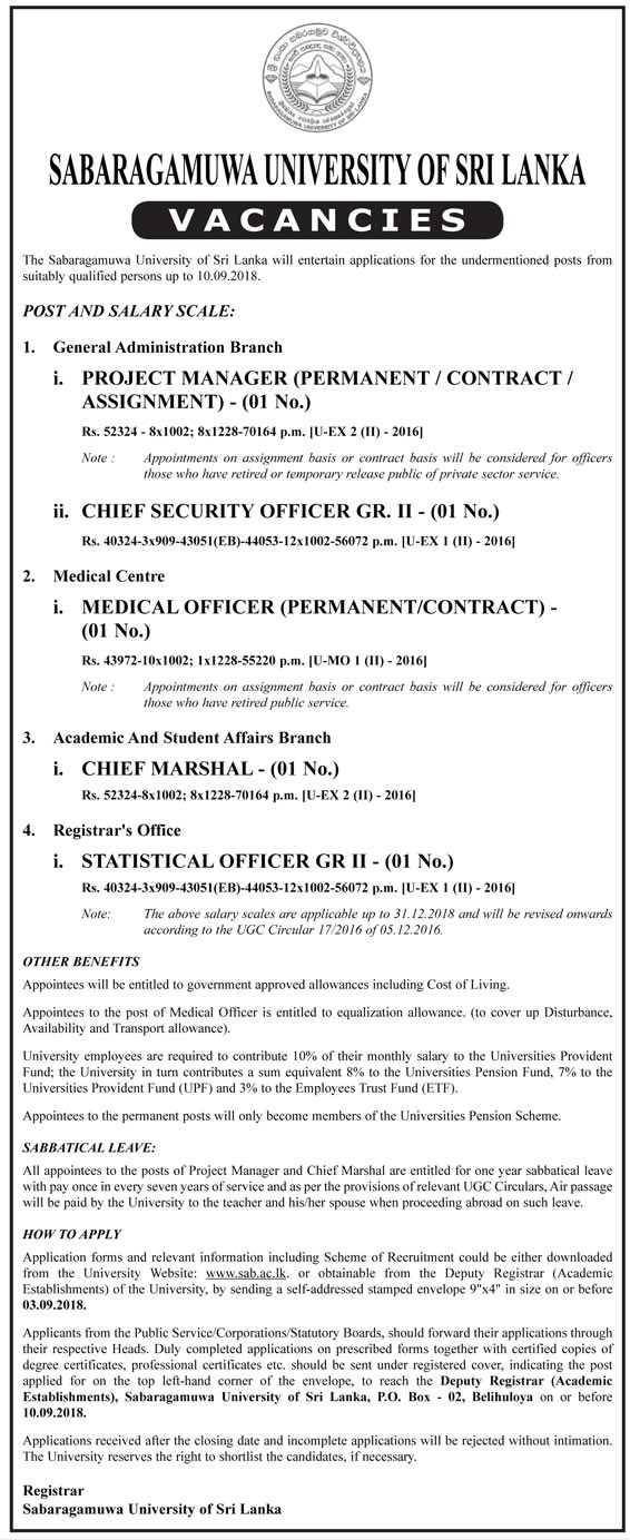 Project Manager, Chief Security Officer, Medical Officer, Chief Marshal, Statistical Officer - Sabaragamuwa University of Sri Lanka